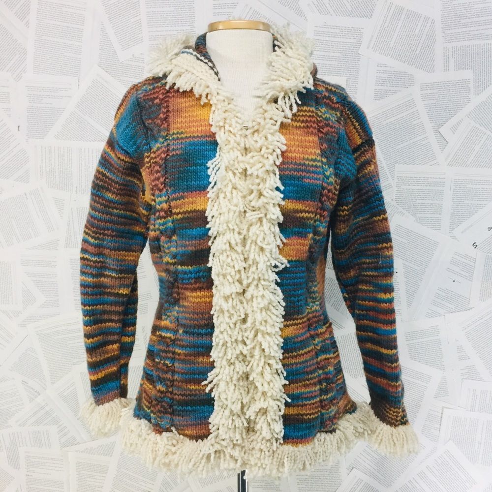 Artesanias Ishka Zip Wool Sweater Hood Once Size
